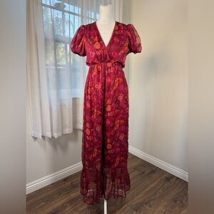 A Collective Story Red, Pink & Orange V-Neck Puff Sleeve Elastic Waist Jumpsuit